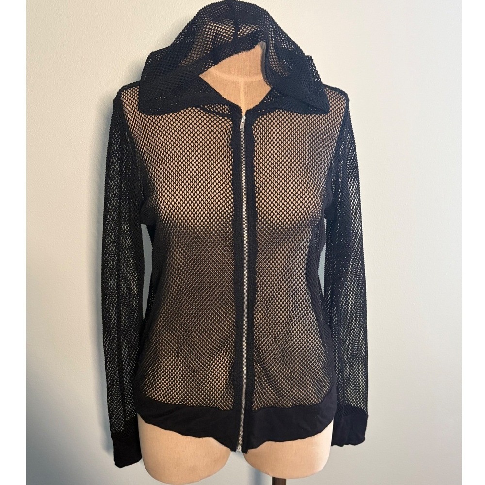 Womens Black Goth Artsy Fishnet Mesh Zip Up Hoodie Jacket Sheer Size L